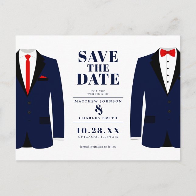 Mr. & Modern Wedding Navy Tux - Save the Date Postkarte (Vorderseite)