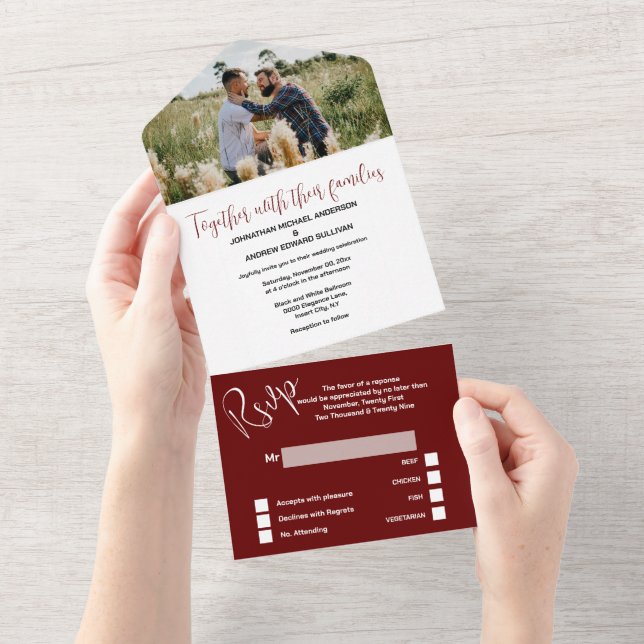 Mr. & Mr. Maroon FOTO Hochzeit All In One Einladung (Abreißtisch)