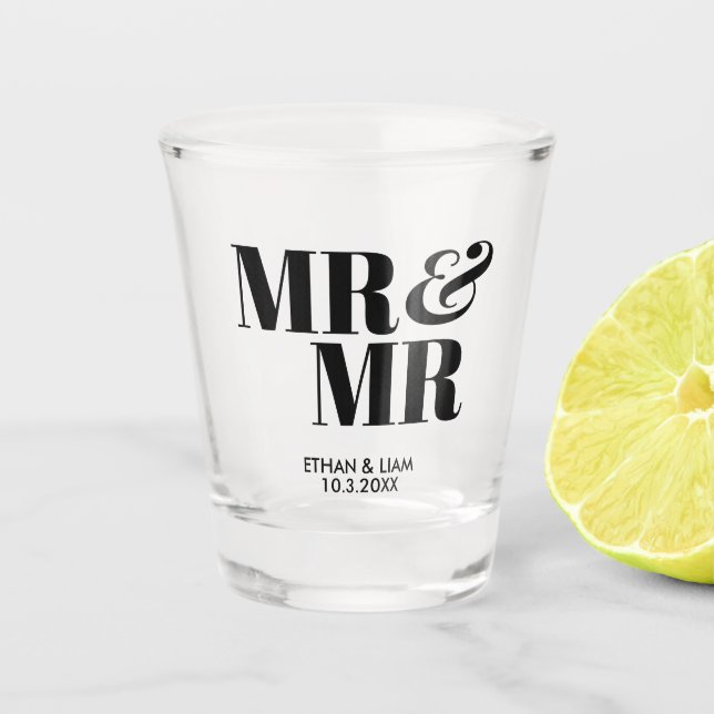 Mr & Mr. Personalisiert Wedding Shot Glass Gefalle Schnapsglas (Vorderseite)