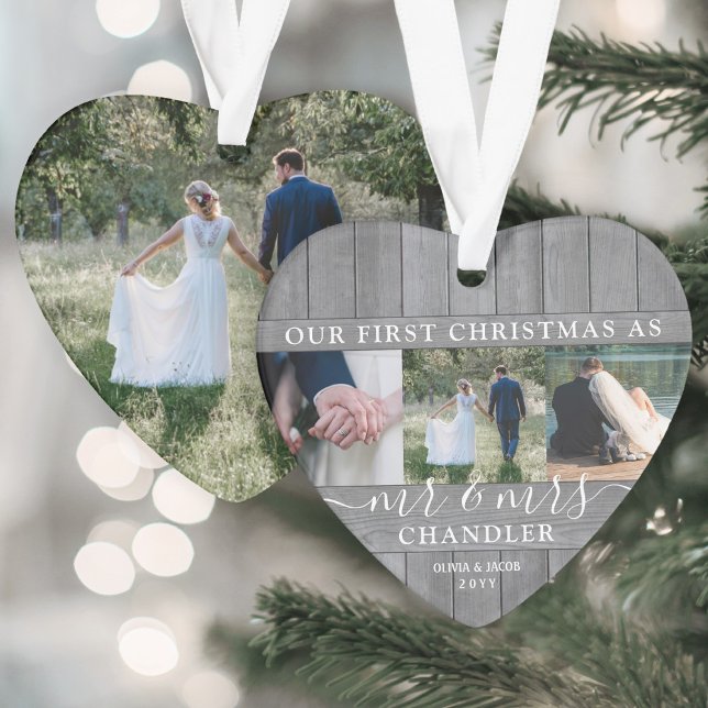 Mr & Mrs 4 Photo First Christmas Grey Faux Wood (Créateur téléchargé)