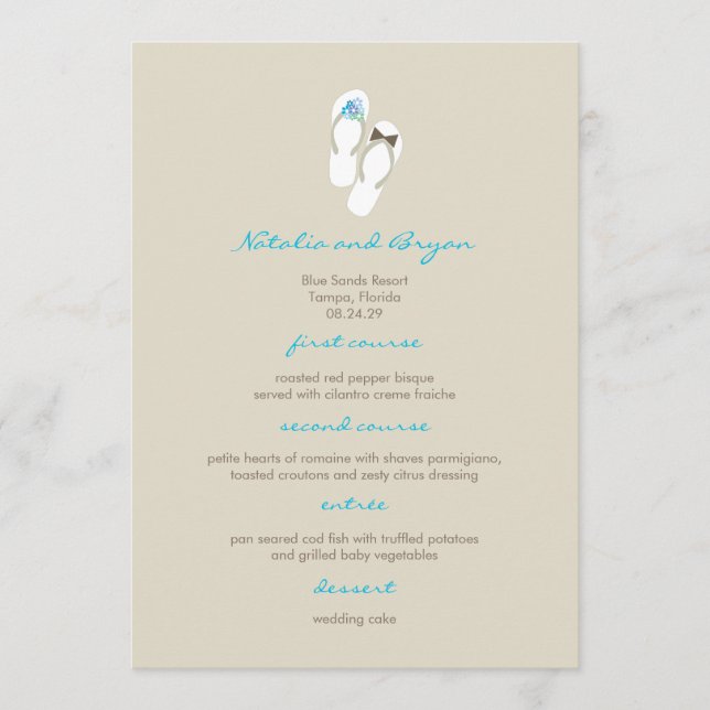 Mr & Mrs Aqua Flip Flops Beach Wedding Menu Card Menükarte (Vorderseite)