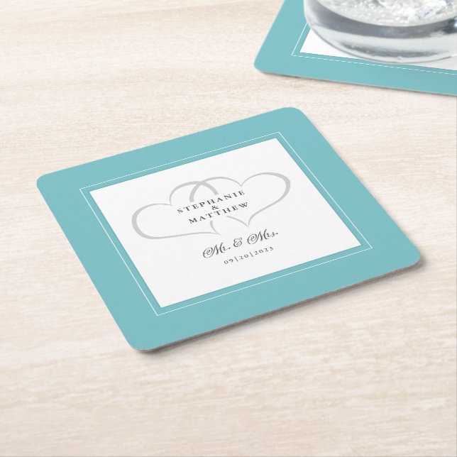 Mr & Mrs Aqua & White Elegant Hearts Wedding Chic Rechteckiger Pappuntersetzer (angewinkelt)
