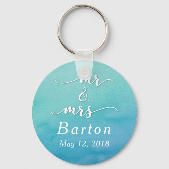 "Mr & Mrs." Aquamarin & Blue Wedding mit Datum Schlüsselanhänger (Vorderseite)