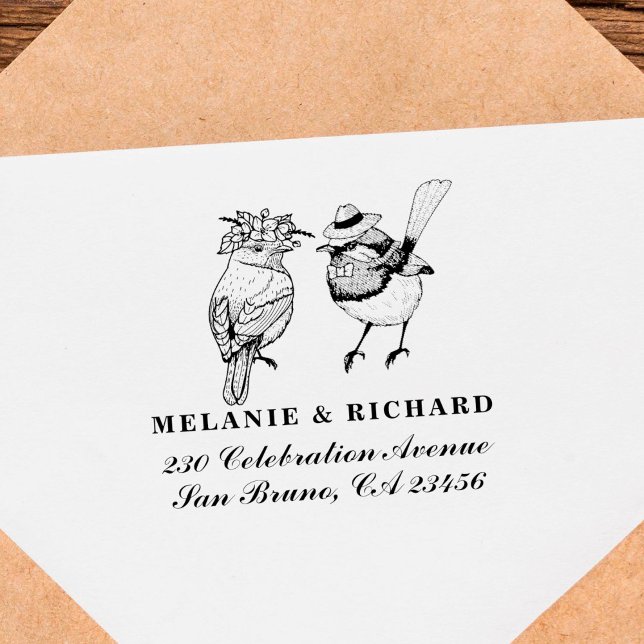 Mr & Mrs Birds Wedding Names Script Rücksendeadres Gummistempel (Von Creator hochgeladen)