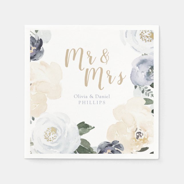 Mr & Mrs Blooming botanische staubige blaue Hochze Serviette (Vorderseite)