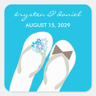 Mr & Mrs Blue Flowers Flip Flops Beach Wedding Quadratischer Aufkleber