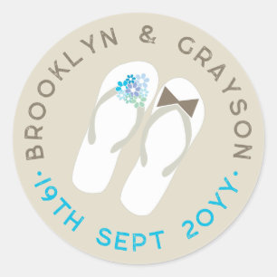 Mr & Mrs Blue Flowers Flip Flops Beach Wedding Runder Aufkleber