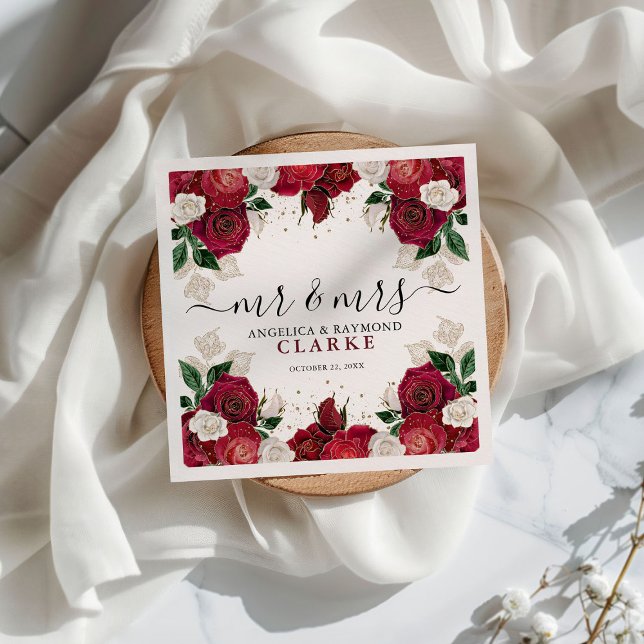 Mr & Mrs Burgundy & White Floral Elegant Wedding Serviette (Von Creator hochgeladen)