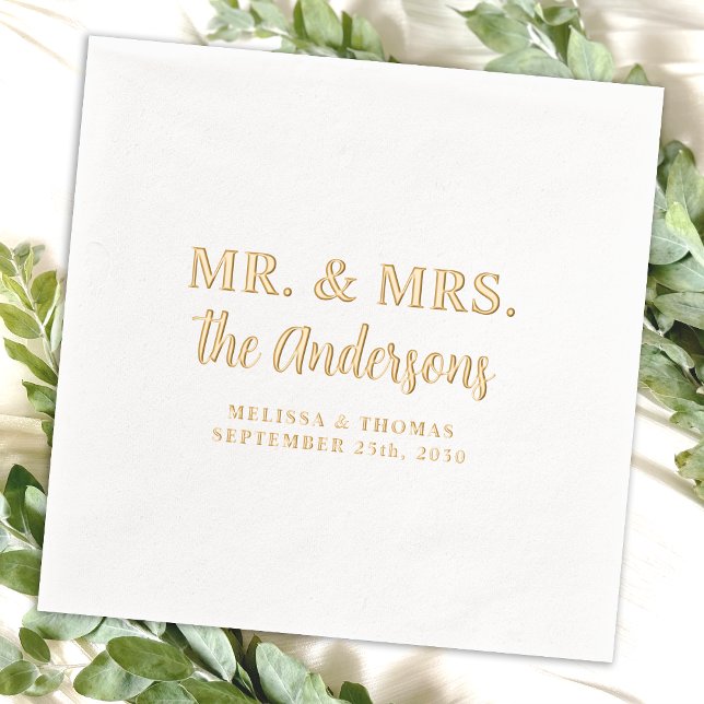 Mr & Mrs Custom Foto Moderne Gold Elegante Hochzei Servietten Mit Folie (Von Creator hochgeladen)