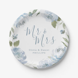 Mr. & Mrs. Dusty Blue Aquarell Blumenhochzeit Pappteller