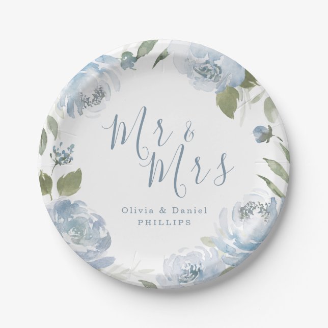 Mr. & Mrs. Dusty Blue Aquarell Blumenhochzeit Pappteller (Vorderseite)