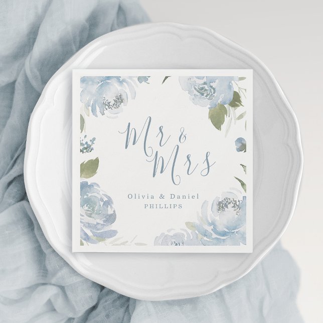 Mr. & Mrs. Dusty Blue Aquarell Blumenhochzeit Serviette (Mr & Mrs dusty blue watercolor floral wedding Napkins)