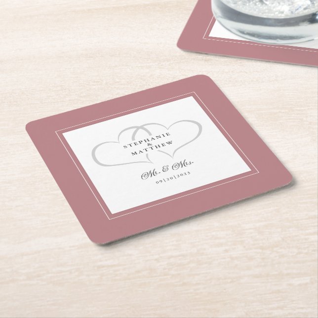 Mr & Mrs Dusty Rose Elegant Hearts Wedding Chic Rechteckiger Pappuntersetzer (angewinkelt)