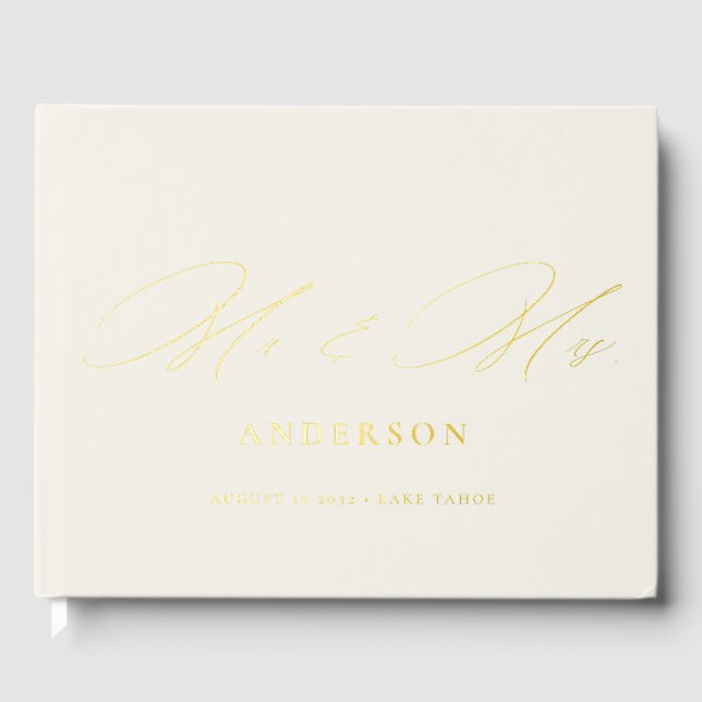 Mr & Mrs. Elegant Calligraphy Cream Foil Wedding Gästebuch (Vorderseite)