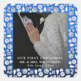 Mr & Mrs. First Christmas Foto Wedding Quadratischer Aufkleber