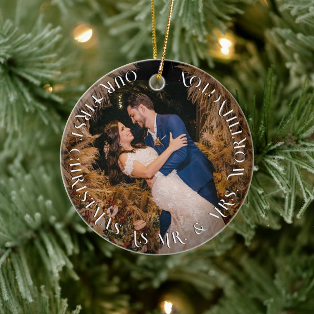 Mr & Mrs. First Christmas Simple Text Circle Foto Keramik Ornament (Baum)