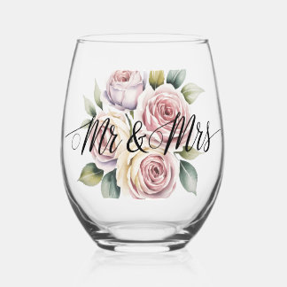 Mr & Mrs Floral Schrift  Weinglas Ohne Stiel