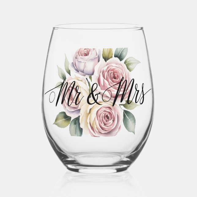 Mr & Mrs Floral Script  Weinglas Ohne Stiel (Vorderseite)