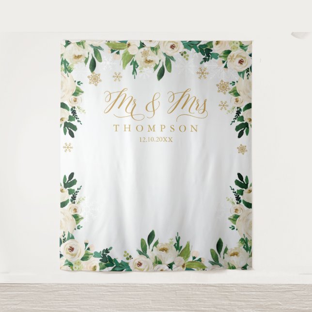 Mr & Mrs floral winter wedding banner backdrop Wandteppich (Vorderseite)
