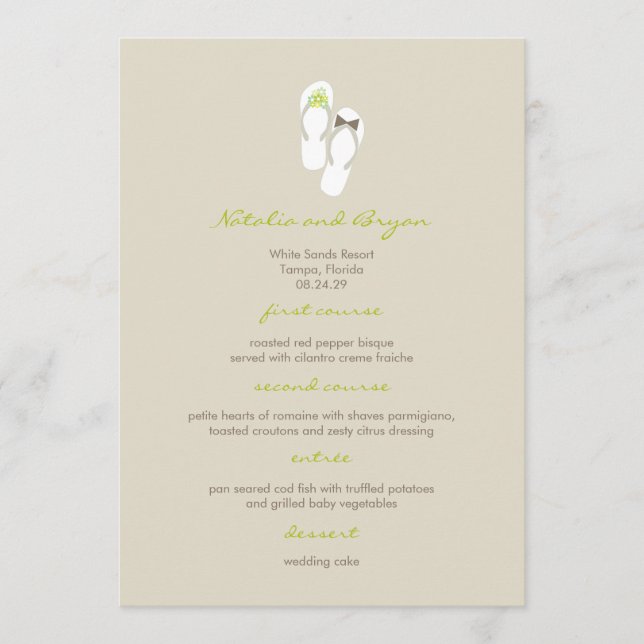 Mr & Mrs Green Flip Flops Beach Wedding Menu Card Menükarte (Vorderseite)