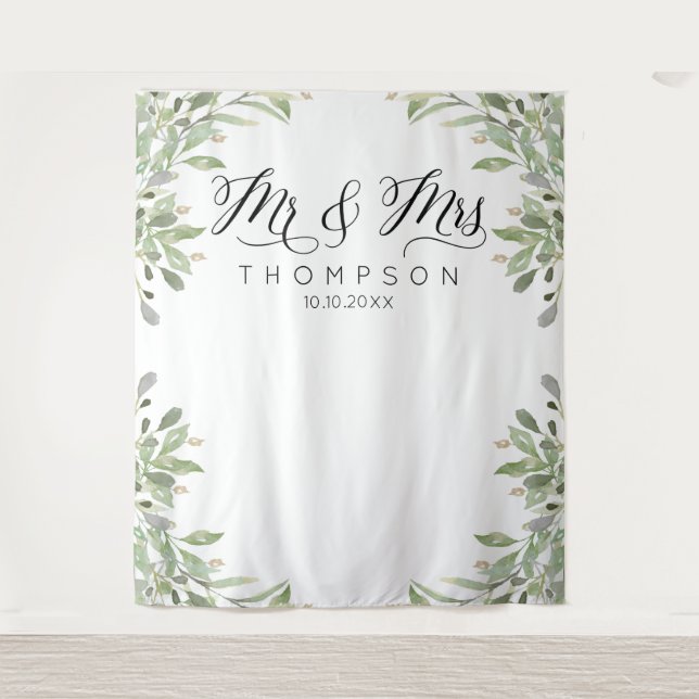 Mr & Mrs. Greenery Hochzeitsbanner Wandteppich (Vorderseite)