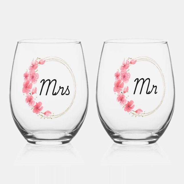 Mr. & Mrs. Hand Painted Print Weinglas Ohne Stiel (Vorderseite)