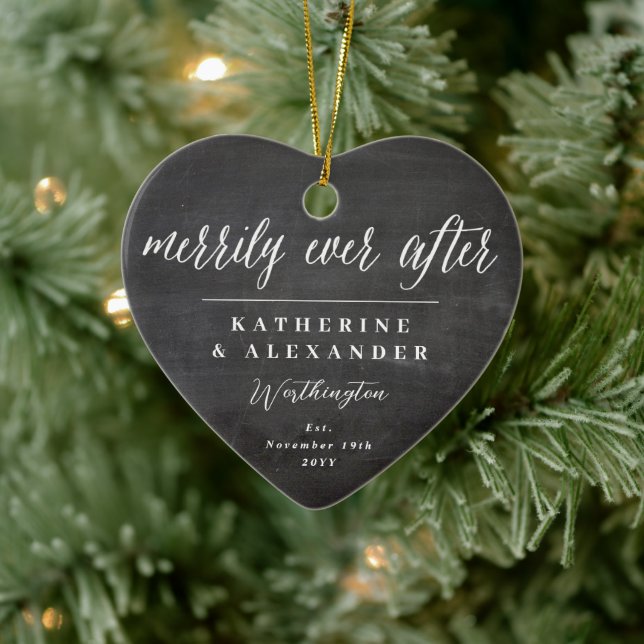Mr & Mrs Merrily Ever After Holiday Wedding Foto Keramik Ornament (Baum)