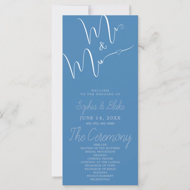 Mr & Mrs Minimalistisch Steel Blue Wedding Program (Vorderseite)