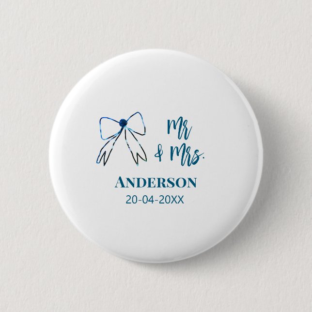 Mr. & Mrs. Name Datum Gastgeschenk Hochzeit blau g Button (Vorderseite)