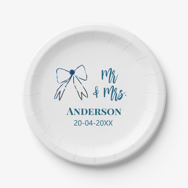 Mr. & Mrs. Name Datum Gastgeschenk Hochzeit blau g Pappteller (Vorderseite)