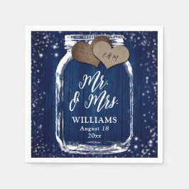 Mr & Mrs Navy Blue Wood Mason Jar Barn Wedding Serviette