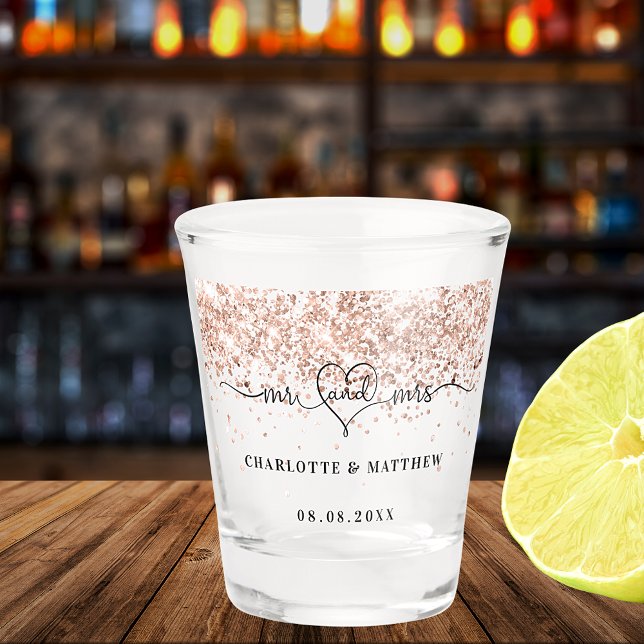 Mr mrs new weds Rose gold Glitzern Hochzeit Schnapsglas (Von Creator hochgeladen)