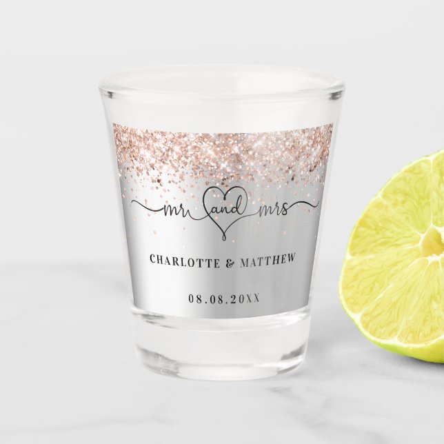Mr mrs new weds silberne Rose gold wedding Schnapsglas (Vorderseite)