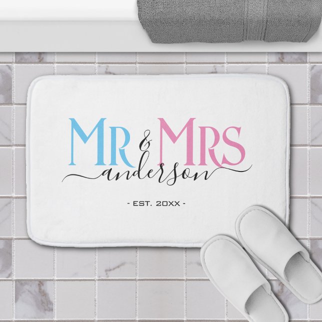 Mr & Mrs. Newlywed Couple Wedding Anniversary Whit Badematte (pink and blue mr and mrs wedding anniversary bathroom decoration white bathmat)