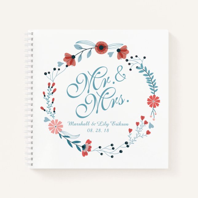 Mr & Mrs Niedlich Floral Wreath Wedding Gästebuch Notizbuch (Vorderseite)