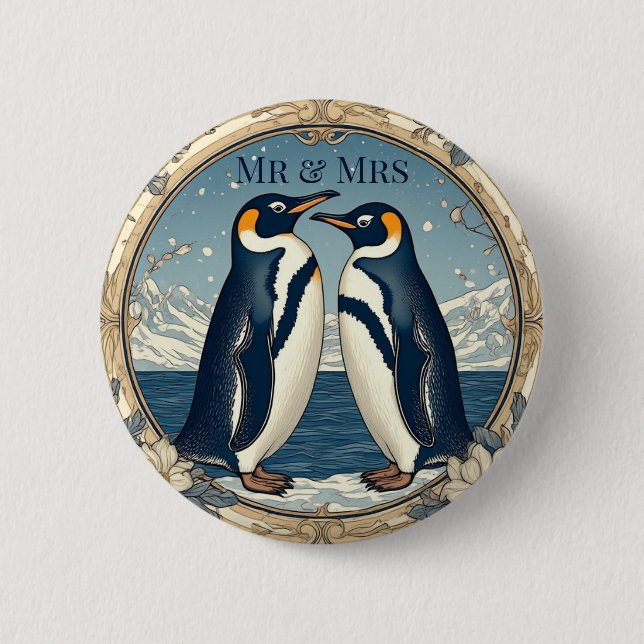 Mr & Mrs Penguin Couple Snow Winter Glacier Blue  Button (Vorderseite)