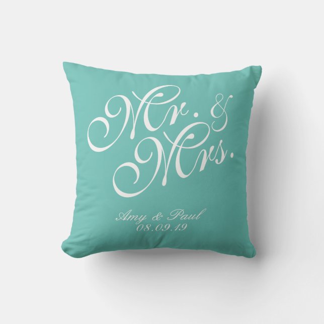 Mr&Mrs. Personalisiert Aquamarin Kissen (Vorderseite)