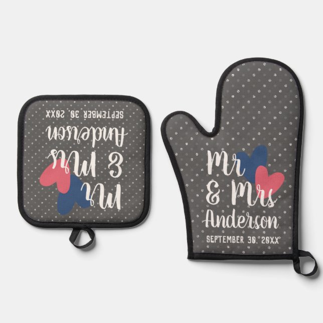 Mr & Mrs Personalisiert Oven Mitt & Pot Holder Set (Vorderseite)
