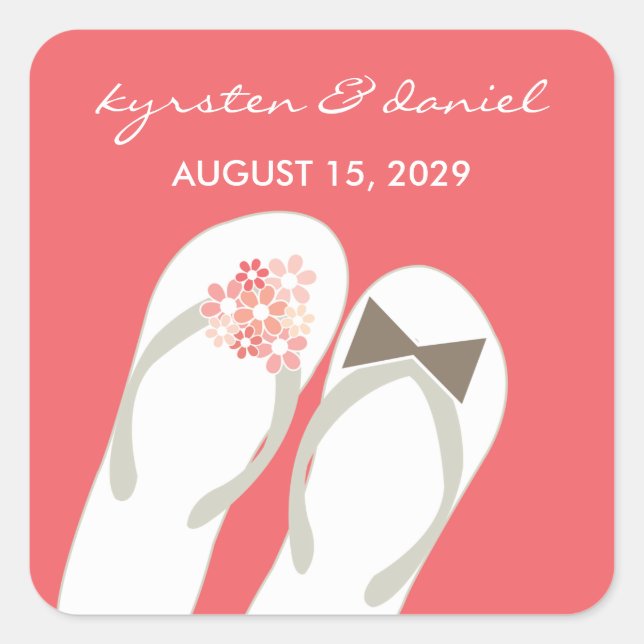 Mr & Mrs Pink Blume Flip Flops Beach Wedding Quadratischer Aufkleber (Vorderseite)