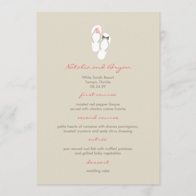 Mr & Mrs Pink Flip Flops Beach Wedding Menu Card Menükarte (Vorderseite)