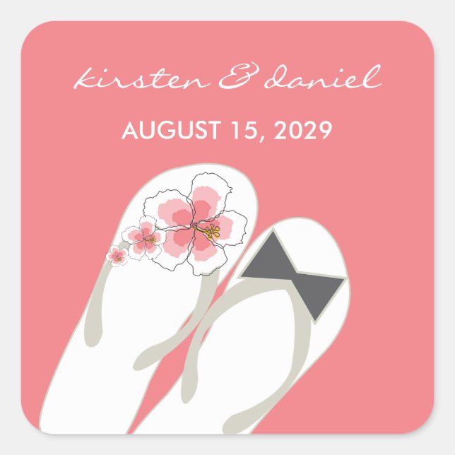 Mr & Mrs Pink Hibiskus Flip Flops Beach Wedding Quadratischer Aufkleber (Vorderseite)