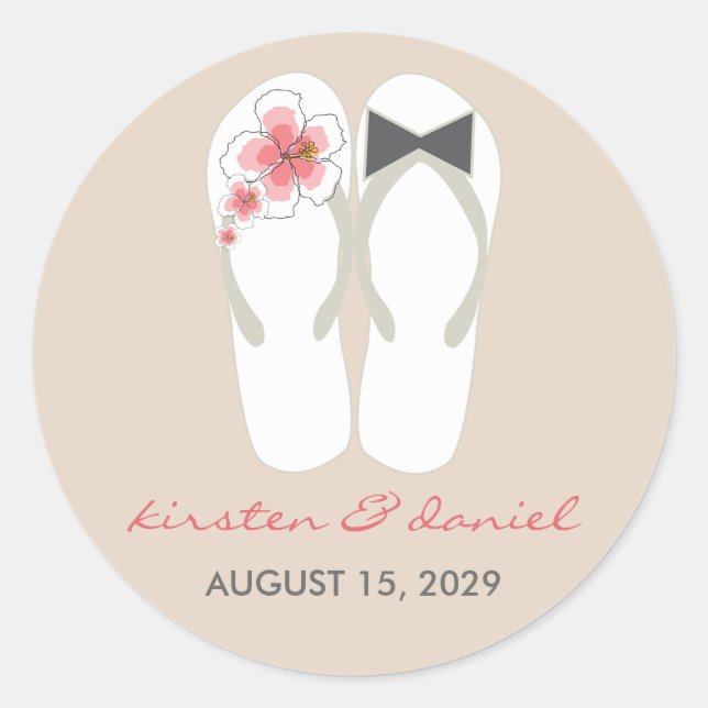 Mr & Mrs Pink Hibiskus Flip Flops Beach Wedding Runder Aufkleber (Vorderseite)