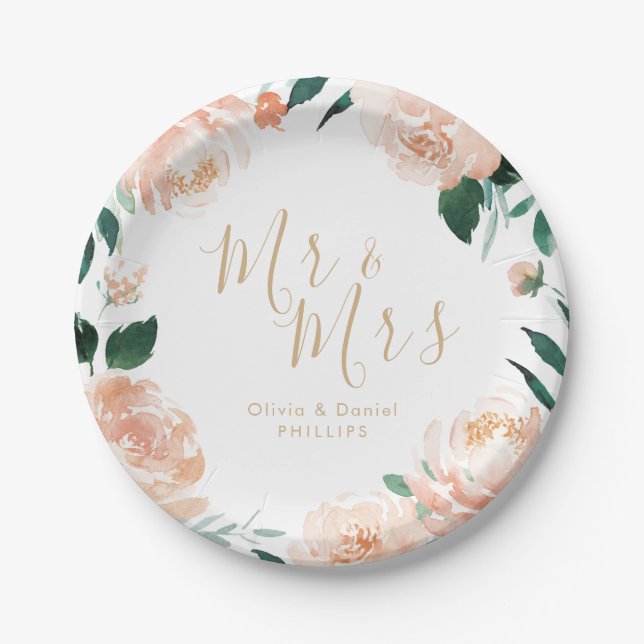 Mr & Mrs Romantic Garden peach floral Hochzeit Pappteller (Vorderseite)