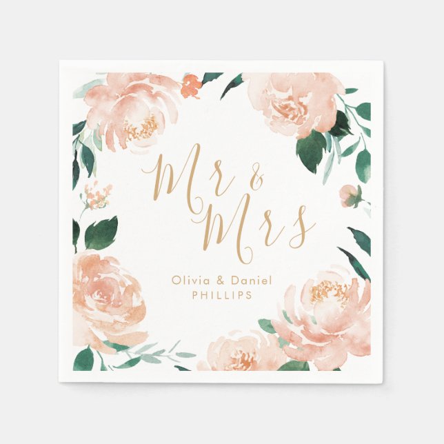 Mr & Mrs Romantic Garden peach floral Hochzeit Serviette (Vorderseite)