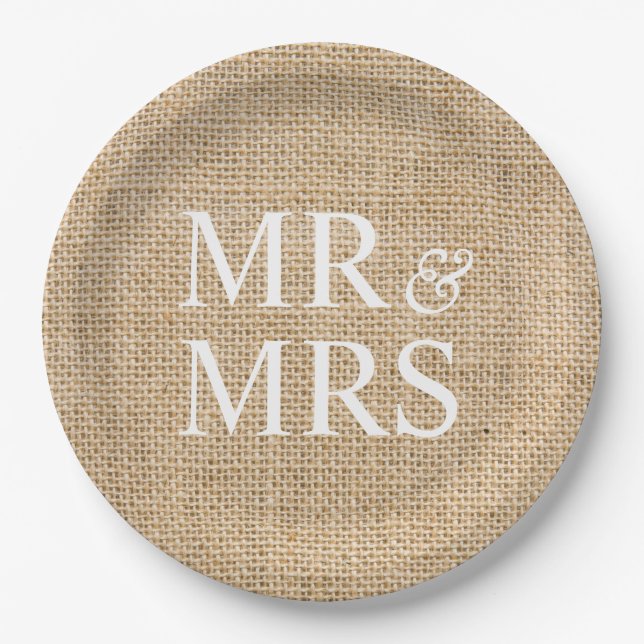 Mr & Mrs Rustic Burlap Wedding Simple Pappteller (Vorderseite)