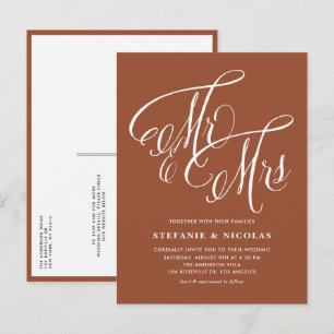 Mr & Mrs Rustic Script Terracotta QR Code Wedding Einladungspostkarte