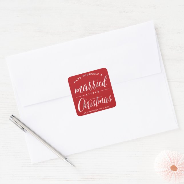 Mr & Mrs. Verheiratet Little Christmas Holiday Wed Quadratischer Aufkleber (Umschlag)