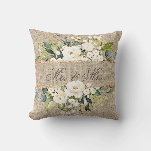 Mr & Mrs White Gold Botanical Floral Linen Rustic Kissen (Vorderseite)