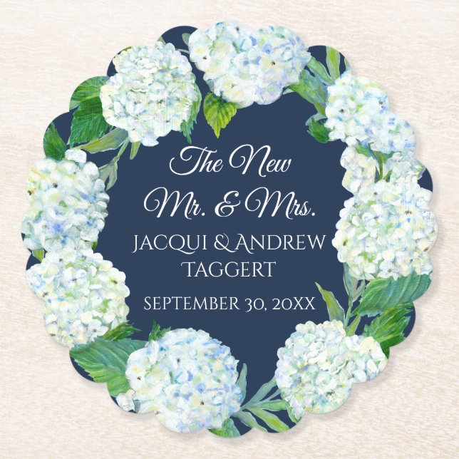 Mr. n Mrs White Hydrangea Floral Navy Blue Wedding Untersetzer (Vorderseite)