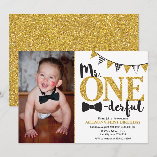 Mr ONEderful Birthday Invitation avec photo (Devant / Derrière)